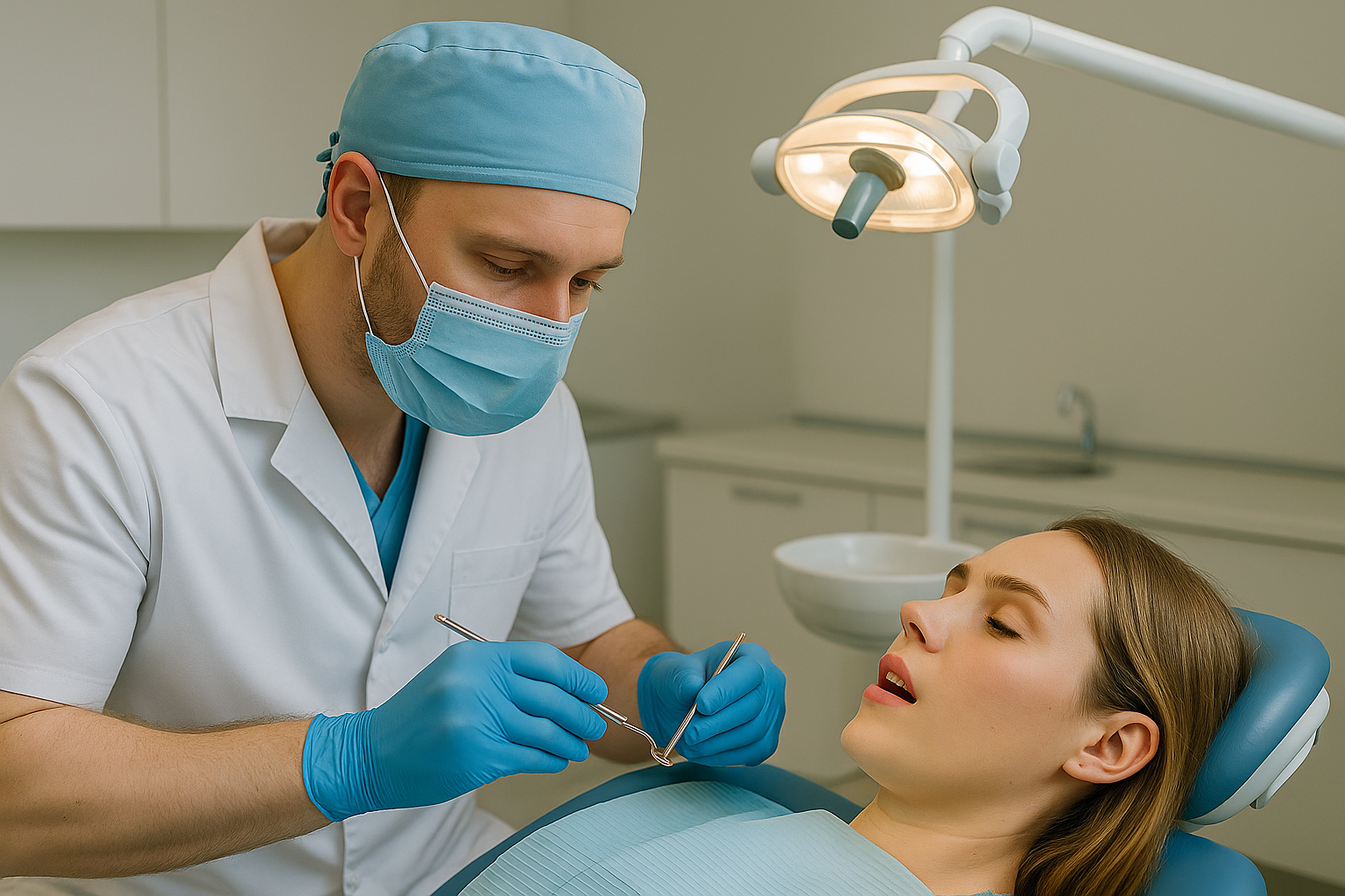 Dentist performing a thorough dental examination on patient in dental chair